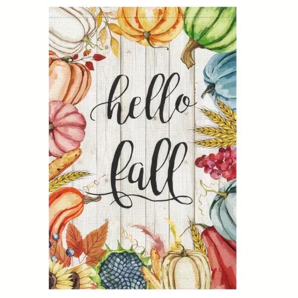NIP Leaves Pumpkins Flowers “Hello Fall” Burlap Double Sided Garden Flag